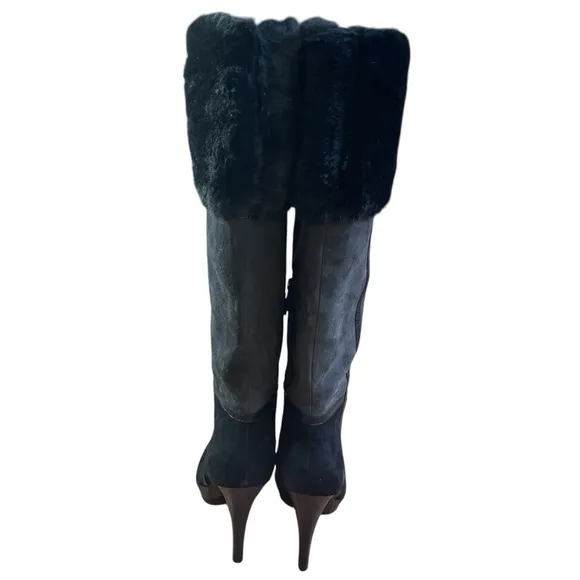 Heeled Knee-High Chic Women's Black Faux Suede and Fur Boots Inside zip 7.5