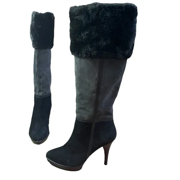 Heeled Knee-High Chic Women's Black Faux Suede and Fur Boots Inside zip 7.5
