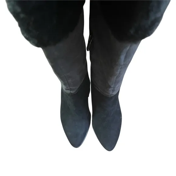 Heeled Knee-High Chic Women's Black Faux Suede and Fur Boots Inside zip 7.5