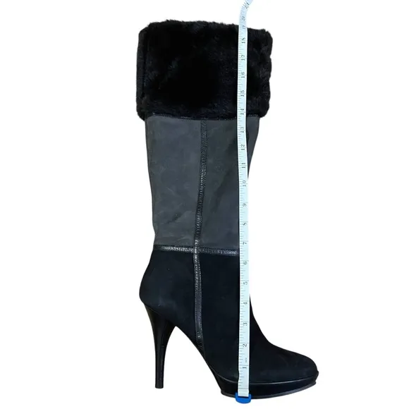 Heeled Knee-High Chic Women's Black Faux Suede and Fur Boots Inside zip 7.5
