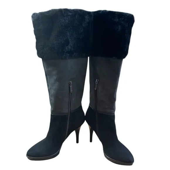 Heeled Knee-High Chic Women's Black Faux Suede and Fur Boots Inside zip 7.5