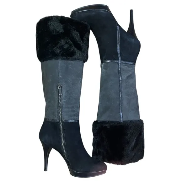 Heeled Knee-High Chic Women's Black Faux Suede and Fur Boots Inside zip 7.5