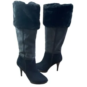 Heeled Knee-High Chic Women's Black Faux Suede and Fur Boots Inside zip 7.5