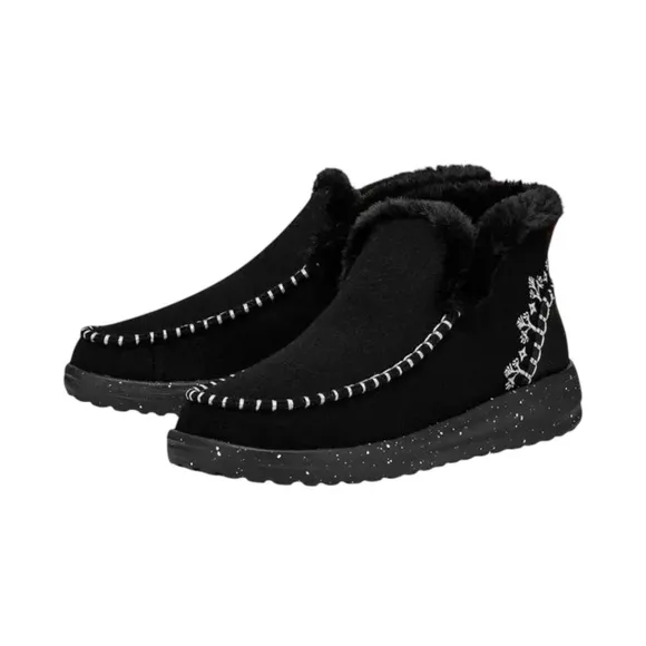 Hey Dude Denny Wool Faux Shearling Boot Black Slip On Comfy Womens Size 6 NWT