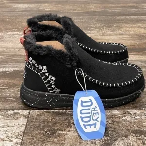 Hey Dude Denny Wool Faux Shearling Boot Black Slip On Comfy Womens Size 6 NWT