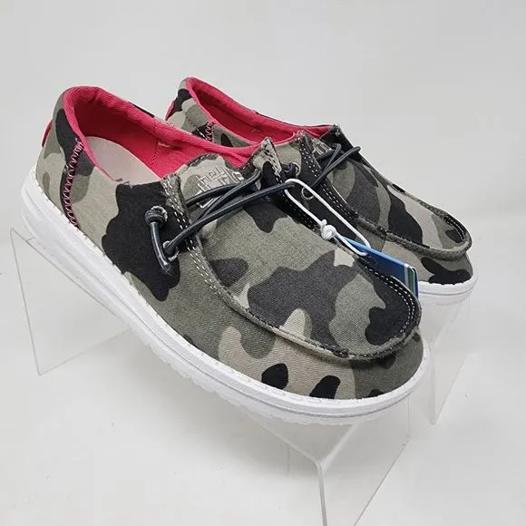 Hey Dude Loafers Kids 13 Green Camo Embroidered Logo Spell Out Wendy Shoes