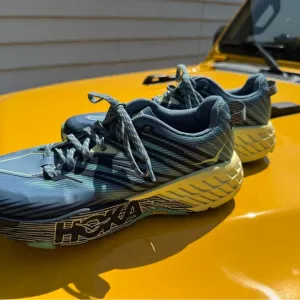 Hoka One One Blue and Yellow Athletic Shoes with Chunky Midsole