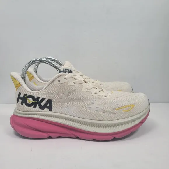 Hoka One One Clifton 9 Women's White/Pink/Yellow Running Shoes US Size 7B