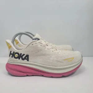 Hoka One One Clifton 9 Women's White/Pink/Yellow Running Shoes US Size 7B