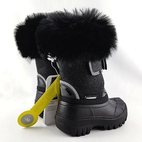 HOT PAWS Youth Girls Black  Faux Fur Sparkles Winter Waterproof Boots -30°C Sz 6