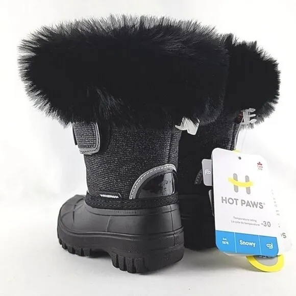 HOT PAWS Youth Girls Black  Faux Fur Sparkles Winter Waterproof Boots -30°C Sz 6