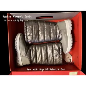 Hunter Original Metallic Dark Silver Insulated Tall Snow Boots Women 5 US New