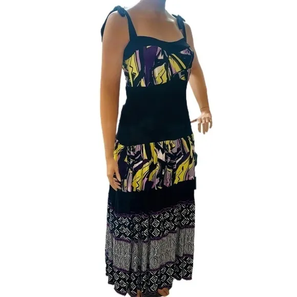 Igigi Maxi Sun Dress Plus Size 14/16 Yellow Purple Black Bra Friendly Straps NWT