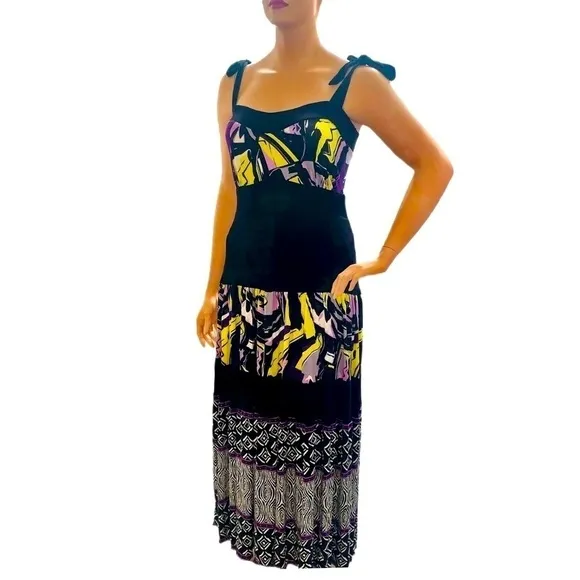 Igigi Maxi Sun Dress Plus Size 14/16 Yellow Purple Black Bra Friendly Straps NWT
