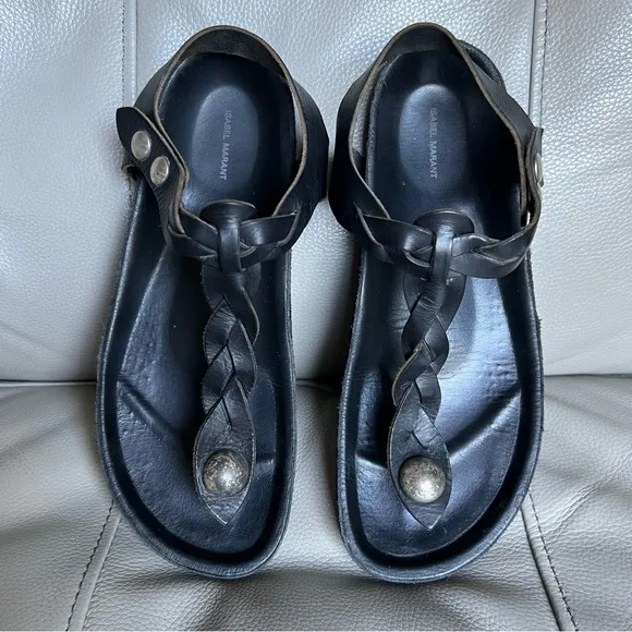 Isabel Marant Brook Black Braided Leather Sandals Sz 38 US 8 Snap Closure Boho