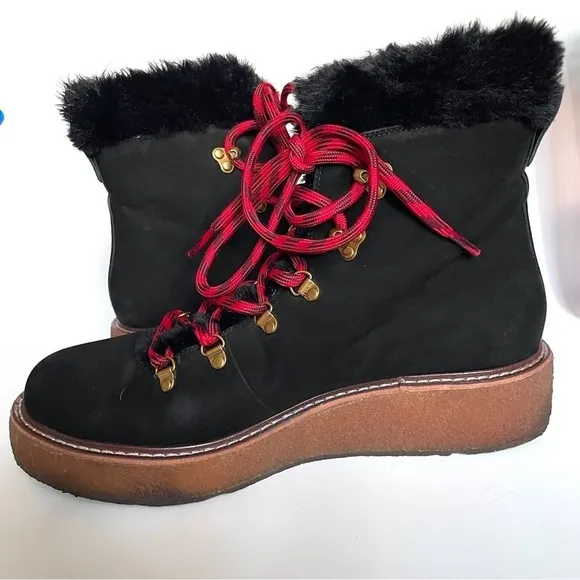 J. Crew Black Nubuck winter ankle boots wedge crepe sole red laces faux fur 9