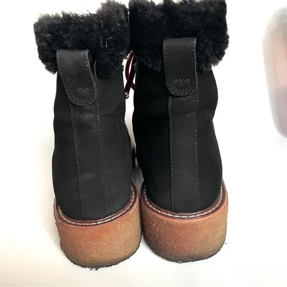J. Crew Black Nubuck winter ankle boots wedge crepe sole red laces faux fur 9