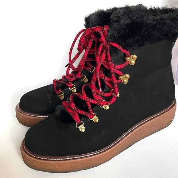 J. Crew Black Nubuck winter ankle boots wedge crepe sole red laces faux fur 9