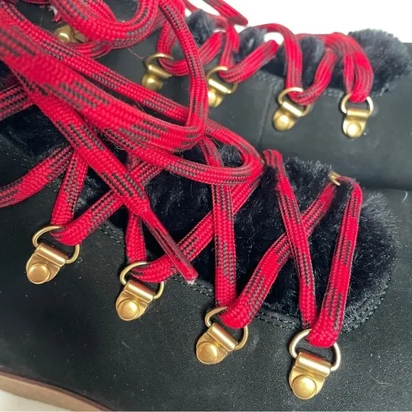 J. Crew Black Nubuck winter ankle boots wedge crepe sole red laces faux fur 9