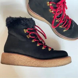J. Crew Black Nubuck winter ankle boots wedge crepe sole red laces faux fur 9