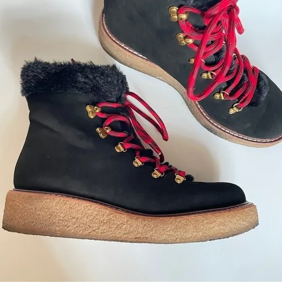 J. Crew Black Nubuck winter ankle boots wedge crepe sole red laces faux fur 9