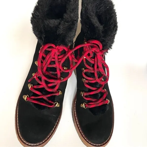 J. Crew Black Nubuck winter ankle boots wedge crepe sole red laces faux fur 9