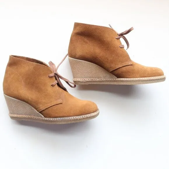J. Crew Brown Suede Leather Lace-up Wedge Heel Ankle Boots Booties Size 7