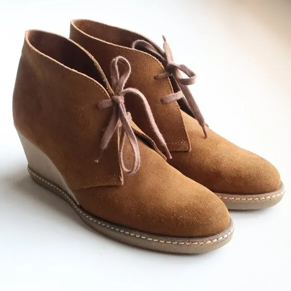 J. Crew Brown Suede Leather Lace-up Wedge Heel Ankle Boots Booties Size 7