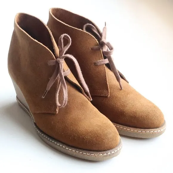 J. Crew Brown Suede Leather Lace-up Wedge Heel Ankle Boots Booties Size 7