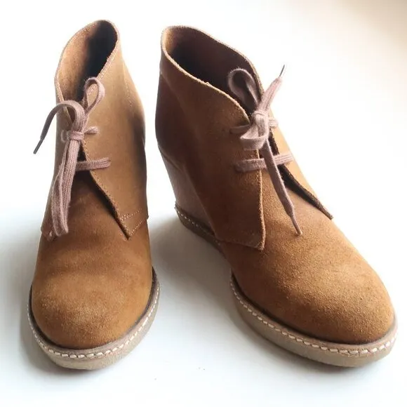 J. Crew Brown Suede Leather Lace-up Wedge Heel Ankle Boots Booties Size 7