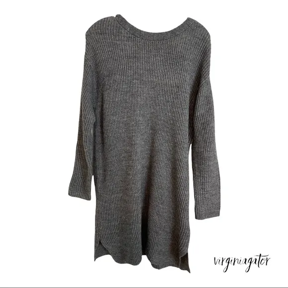 J Crew Open Back Heather Gray Ribbed Knit Soft Alpaca Wool Blend Tunic Sweater