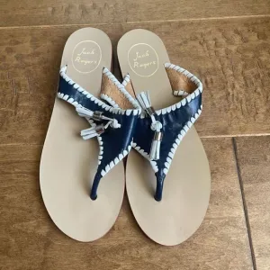 Jack Rogers Blue &amp; White Tassel Sandals
