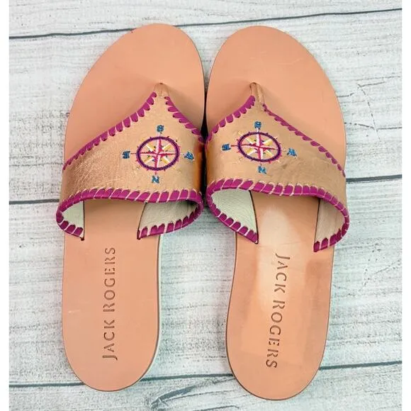 Jack Rogers Compass Rose Embroidered Sandals Vacation Beach Nautical Size 6M