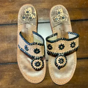 Jack Rogers Cork &amp; Black Flower Thong Sandals – Size 8
