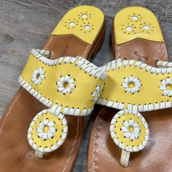 Jack Rogers Yellow &amp; White Leather Daisy Sandals Sz 8M