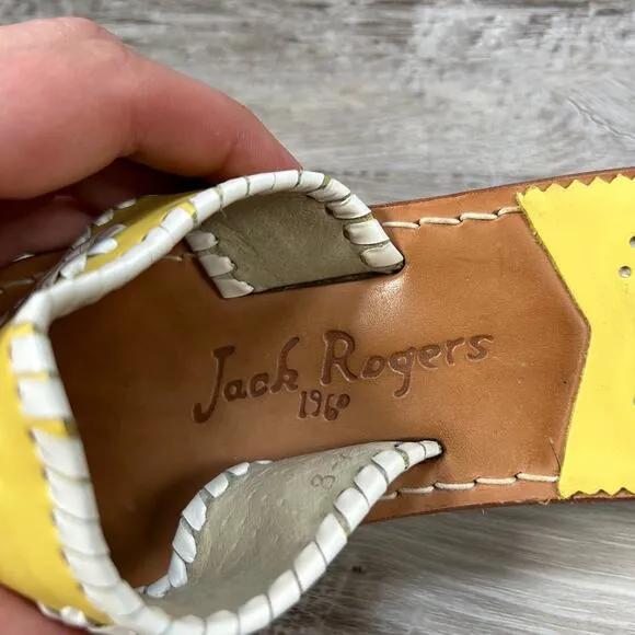 Jack Rogers Yellow &amp; White Leather Daisy Sandals Sz 8M