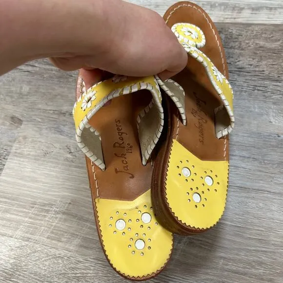 Jack Rogers Yellow &amp; White Leather Daisy Sandals Sz 8M