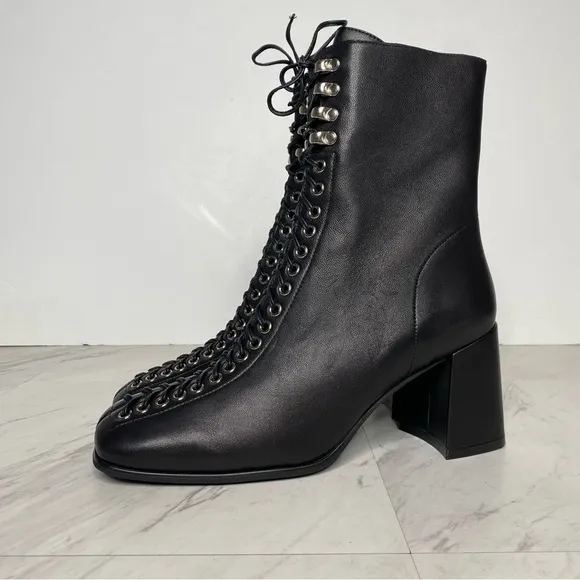 Jeffrey Campbell Belmond Black Leather Square Toe Lace Up Boot 9