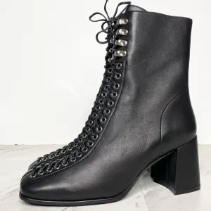 Jeffrey Campbell Belmond Black Leather Square Toe Lace Up Boot 9