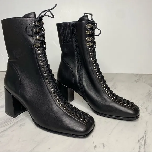Jeffrey Campbell Belmond Black Leather Square Toe Lace Up Boot 9
