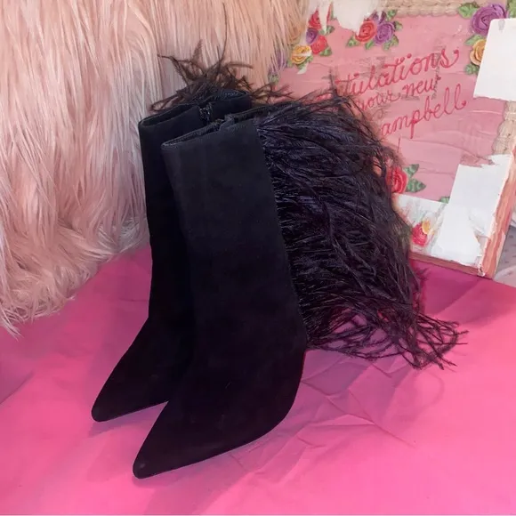 Jeffrey Campbell Ostrich feather leather suede Vain stiletto boots highheels 7.5