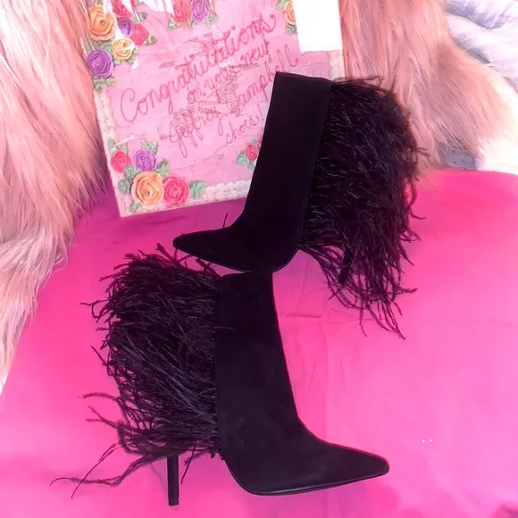 Jeffrey Campbell Ostrich feather leather suede Vain stiletto boots highheels 7.5