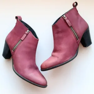 Jigsaw Maroon Nubuck Leather Block Heel Almond Toe Ankle Boots Booties Size 10.5