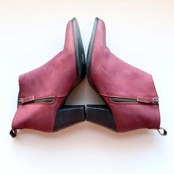 Jigsaw Maroon Nubuck Leather Block Heel Almond Toe Ankle Boots Booties Size 10.5