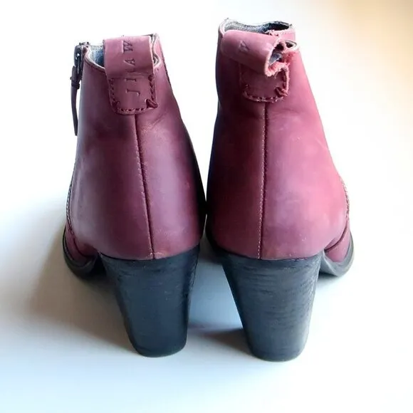 Jigsaw Maroon Nubuck Leather Block Heel Almond Toe Ankle Boots Booties Size 10.5