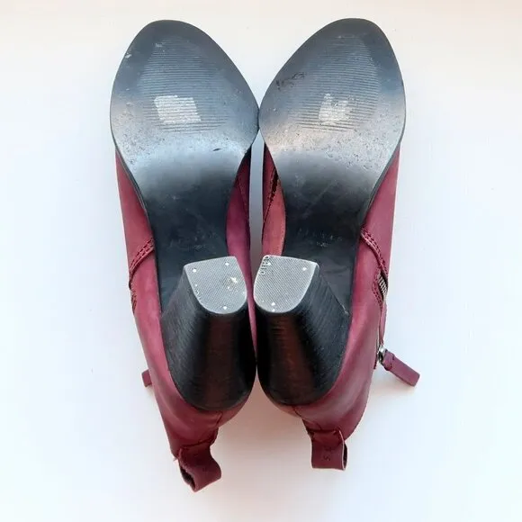 Jigsaw Maroon Nubuck Leather Block Heel Almond Toe Ankle Boots Booties Size 10.5