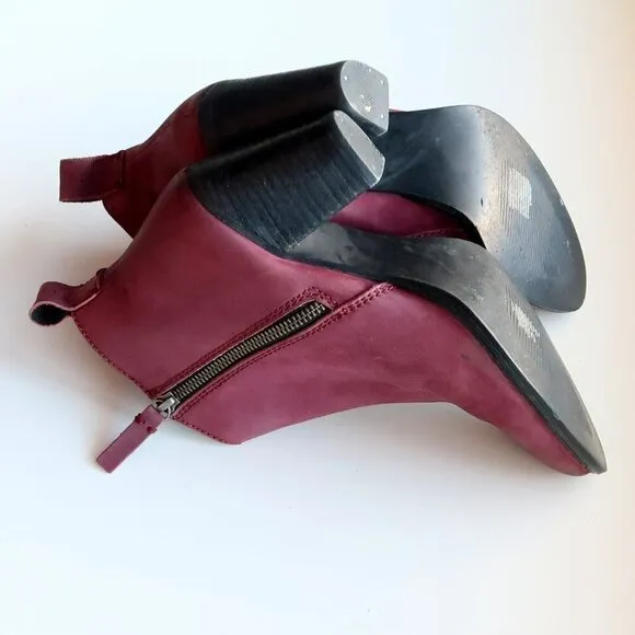 Jigsaw Maroon Nubuck Leather Block Heel Almond Toe Ankle Boots Booties Size 10.5