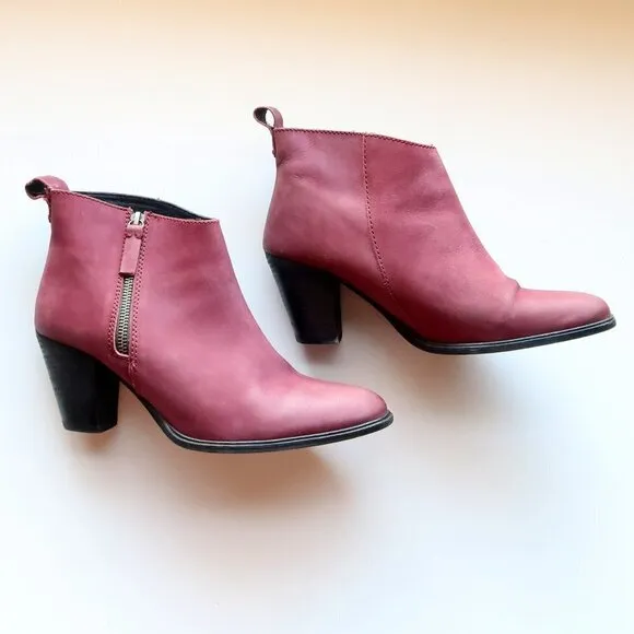 Jigsaw Maroon Nubuck Leather Block Heel Almond Toe Ankle Boots Booties Size 10.5