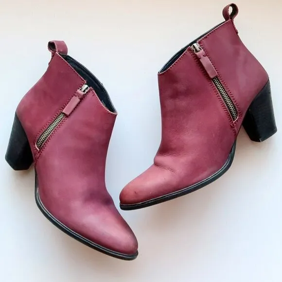 Jigsaw Maroon Nubuck Leather Block Heel Almond Toe Ankle Boots Booties Size 10.5