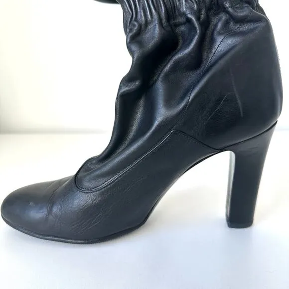 Jill Stuart Black Leather Mid-Calf Slouchy Heel Boots Elasticized Ankle IT 40
